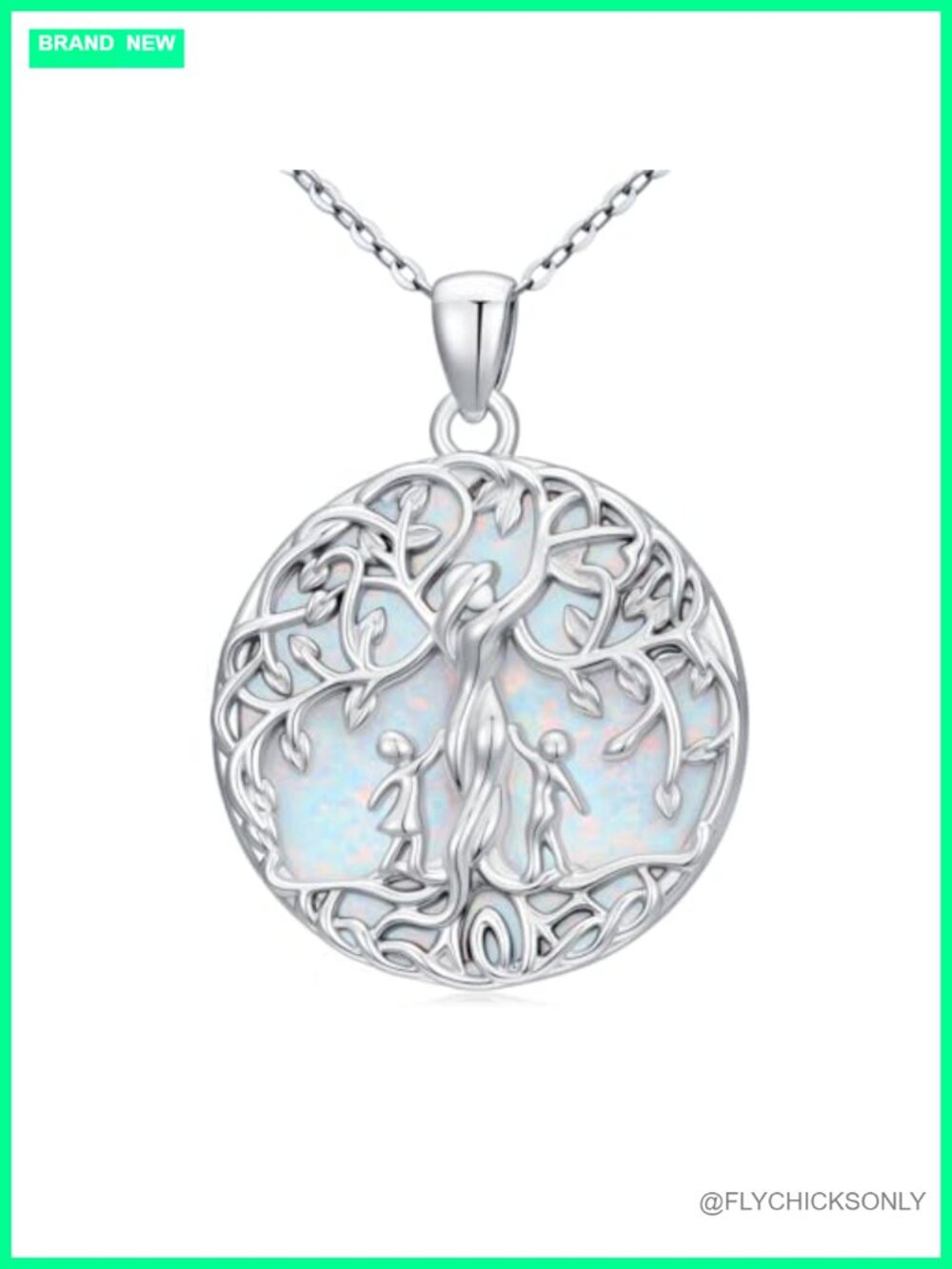 Tree of Life Opal Pendant Necklace White Gold Brass 18 Inch Gift for Mom